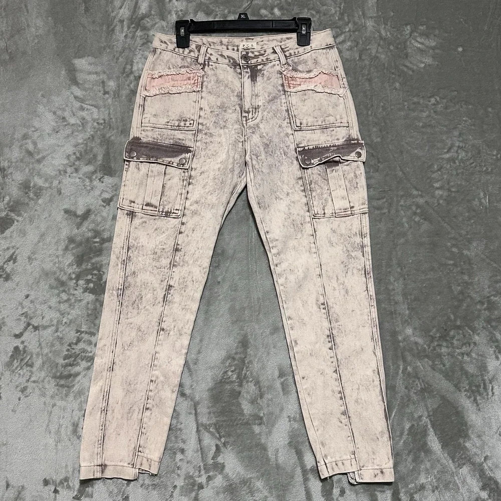 POL Cargo Pocket Pink Detail Light Acid Wash Jeans Womens Sz L Relaxed Fit Boho